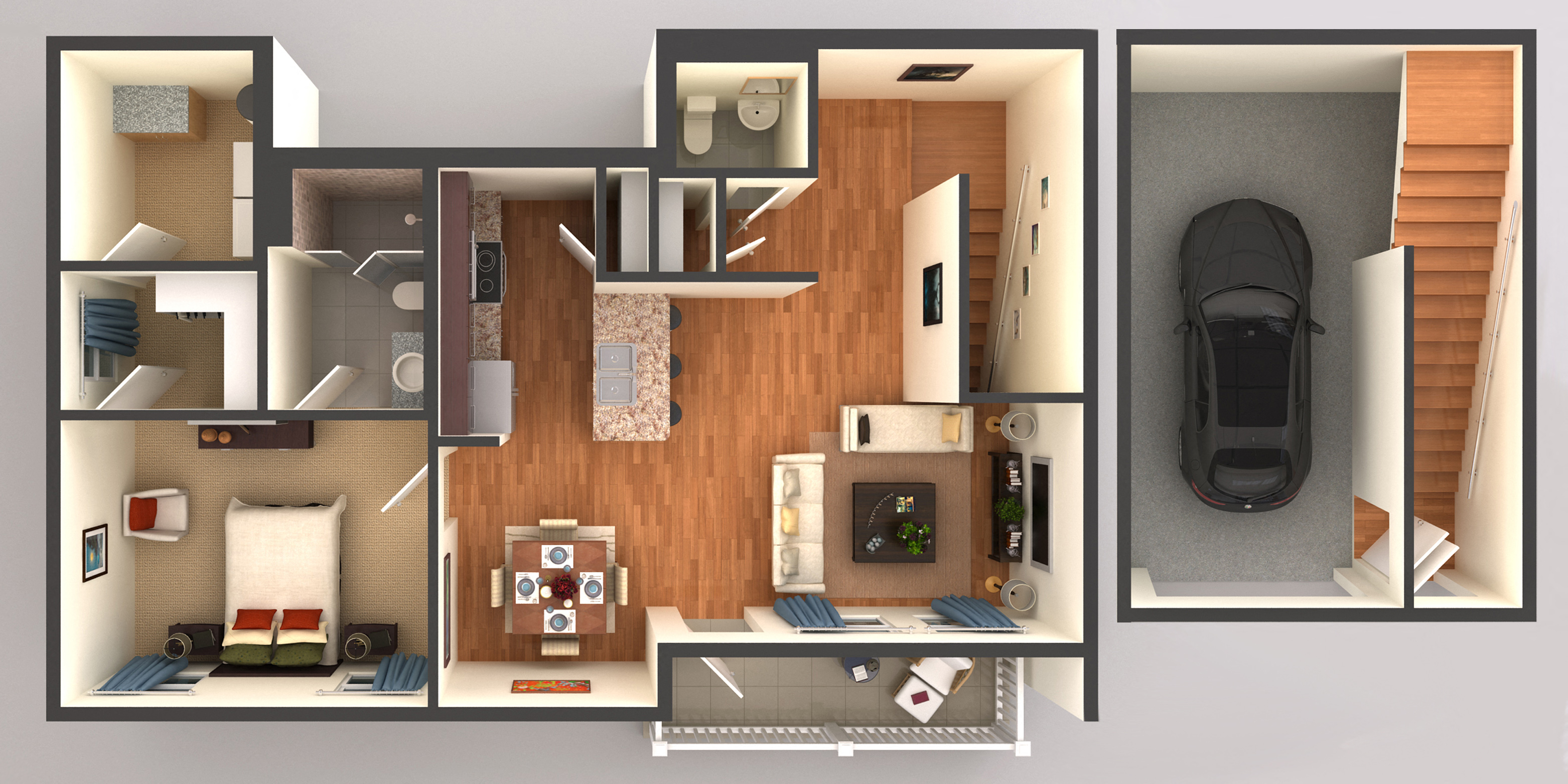 Floor plan for 1 bed, 1.5 baths, 993 sqft